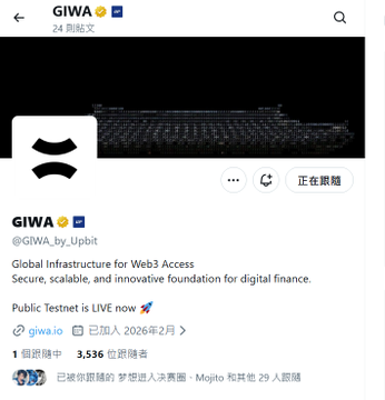 A Twitter/X profile screenshot of GIWA (@GIWA_by_Upbit), described as 'Global Infrastructure for Web3 Access,' showing a Testnet is LIVE now announcement.