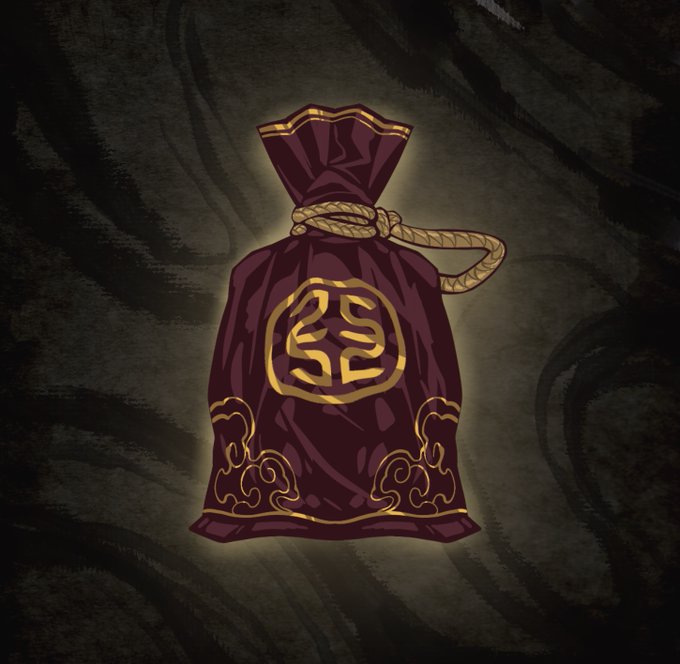 Digital artwork illustration of a dark purple ornate money bag with gold Chinese-style decorative patterns and a rope tie, glowing against a black brushstroke background.