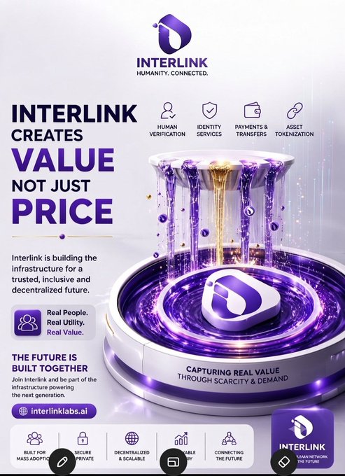 Promotional graphic for 'INTERLINK' with the tagline 'HUMANITY. CONNECTED.' and 'INTERLINK CREATES VALUE NOT JUST PRICE,' featuring services like human verification, identity services, payments & transfers, and asset tokenization at interlinklabs.ai.