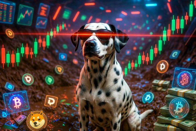 A Dalmatian dog wearing sunglasses sits amidst glowing candlestick charts, stacks of cash, and cryptocurrency icons including Bitcoin and Dogecoin.