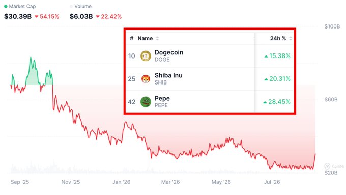 A cryptocurrency market chart from CoinMarketCap displays a $30.39B memecoin market cap (down 54.15%) with $6.03B in 24h volume (up 22.42%), highlighting top meme tokens in a red box: Dogecoin (DOGE) at #10 up 15.38%, Shiba Inu (SHIB) at #25 up 20.31%, and Pepe (PEPE) at #42 up 28.45%. The image visually supports the claim that leading memecoins like DOGE, SHIB, and PEPE posted double-digit 24-hour gains amid a broader market downtrend.