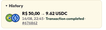 A transaction history showing a completed conversion of R$ 50.00 to 9.62 USDC dated 16/08 with reference #676862.