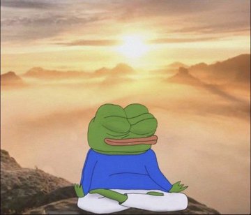 A Pepe the Frog meme depicting the cartoon frog sitting cross-legged in a meditative lotus pose against a golden sunrise over mountain silhouettes.