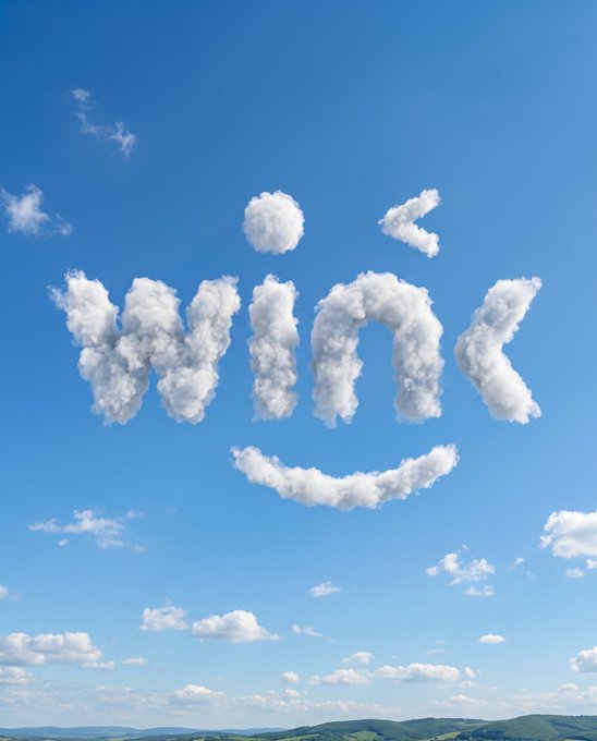 A surreal image featuring the word 'WIN' spelled out in fluffy white clouds against a bright blue sky, with a smiling face formed by additional clouds below the text, hovering over green hills on the horizon.