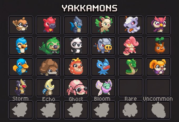 A pixel art collection titled "YAKKAMONS" displaying a grid of 24 colorful creature sprites with rarities labeled at the bottom including Storm, Echo, Ghost, Bloom, Rare, and Uncommon.