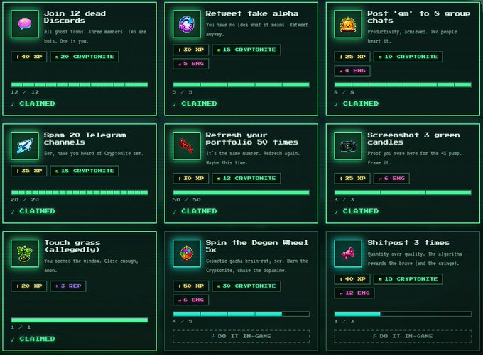 A dark-themed gaming/task dashboard showing nine completed achievements with green progress bars including 'Join 12 dead Discords', 'Retweet fake alpha', 'Post gm to 8 group chats', and 'Touch grass (allegedly)', all marked as CLAIMED with various XP and Cryptonite rewards.