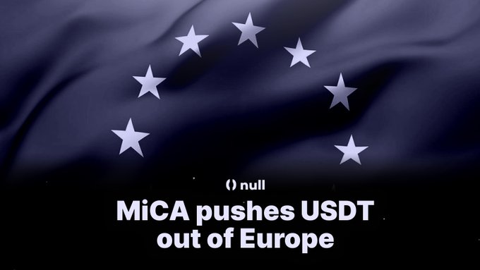 A graphic featuring the European Union flag (dark blue with circle of white stars) with the text 'MiCA pushes USDT out of Europe' displayed prominently.