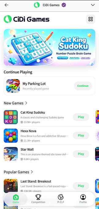 A mobile screenshot of the CiDi Games app homepage featuring a 'Cat King Sudoku' banner, a 'Continue Playing' section for 'My Parking Lot,' and lists of 'New Games' including 'Cat King Sudoku,' 'Hexa Nova,' and 'Star Wall,' plus 'Popular Games' like 'Last Stand: Breakout.'
