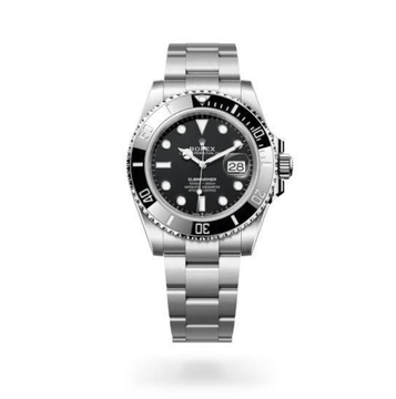 A product photo of a stainless steel Rolex Submariner watch with a black dial, black ceramic bezel, and Oyster bracelet, shown on a white background.