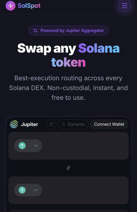 The image shows a phone screen displaying a website called "solspot.net" with a message that reads, "Swap any Solana token directly on Solspot.net via solspot.net/swap". The main focus of this image is the text and the website address displayed on the phone screen.