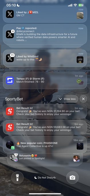 The image shows an iPhone Lock Screen displaying multiple notifications, including a Spotify match update "Tempo (F) @ Storm (F), Match finished: 76 – 90" and Betway notifications about recent wins of NGN 31,104.90 and NGN 59,683.58 on SportyBet. The notifications reflect a day of mixed activity—sports results and betting wins—aligning with the post's casual tone about a relaxed or easygoing day ("Today don soft already").