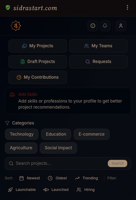 Screenshot of a mobile website for sidrastart.com showing a dark-themed dashboard with sections like 'My Projects', 'My Teams', 'Draft Projects', and category buttons for Technology, Education, E-commerce, Agriculture, and Social Impact.