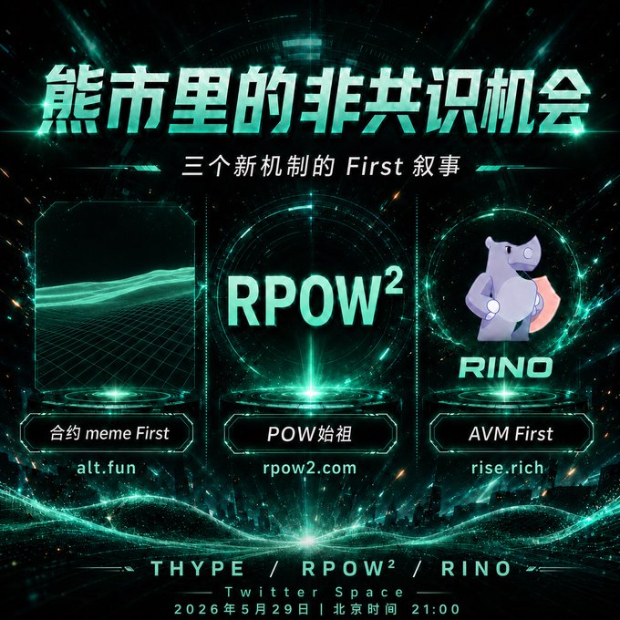 The image features an advertisement with a futuristic cityscape background, neon green lights, and a logo for Rpow2. The text "First" is written in Chinese characters above the logo. Below the logo, there are three different posts related to the event or product being advertised.