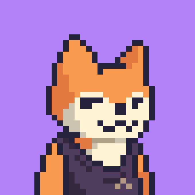 Pixel art portrait of an orange fox-like character wearing a dark jacket, set against a purple background.