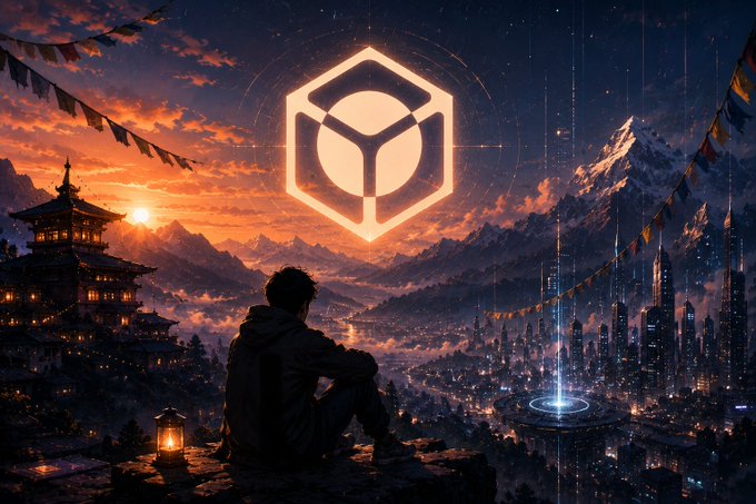 A digital artwork showing a silhouetted figure sitting on a cliff overlooking a futuristic cityscape at sunset, with a glowing hexagonal cube logo floating in the sky above traditional pagoda structures and prayer flags.