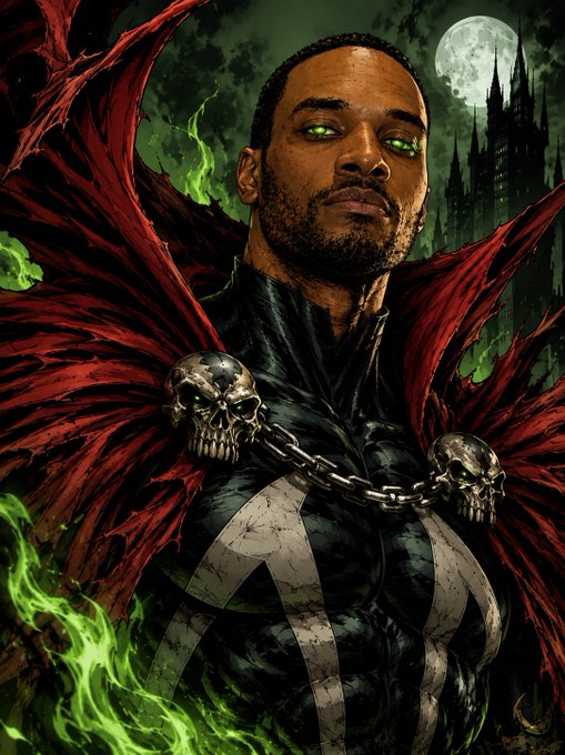 A comic book-style illustration of a supernatural figure with glowing green eyes, a tattered red cape, and skull adornments on a chain across a chest emblem, set against a gothic backdrop with a full moon and spired castle.