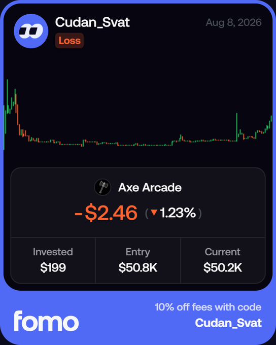 A mobile trading app screenshot showing a portfolio loss for user "Cudan_Svat" on the token "Axe Arcade" with a -1.23% loss, invested $199 with current value $50.2K.