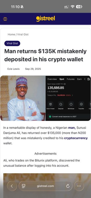 The image shows a Gistreel news article featuring Sunusi Danjuma Ali, a Nigerian man who returned $135,686.85 mistakenly deposited in his crypto wallet, with the post highlighting how his act of honesty inspired the $SUNUSI meme coin culture.