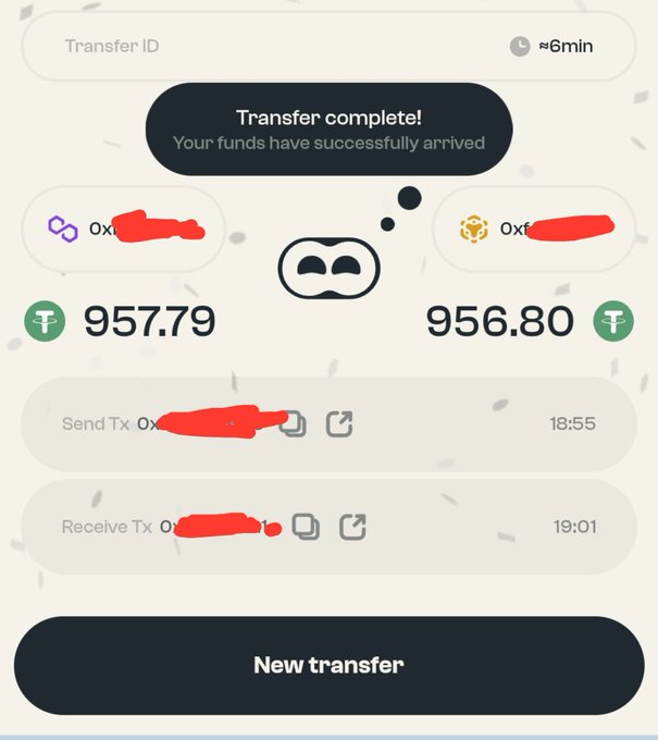 A mobile app screenshot shows a successful crypto transfer between two Polygon wallets, with a green 'Transfer complete!' message and balances of 957.79 and 956.80 Tether (USDT).