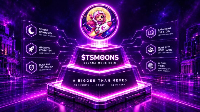 A promotional graphic for '$TSMOONS SOLANA MEME COIN' featuring an astronaut mascot on a glowing purple pedestal, with surrounding panels listing features like 'STRONG COMMUNITY', 'GROWING ECOSYSTEM', and 'GLOBAL VISION'.