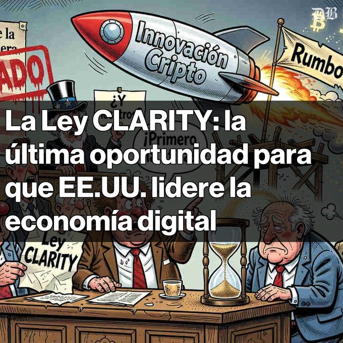The image is a political cartoon showing a rocket labeled "Innovación Cripto" with "Bitcoin" symbols flying past frustrated politicians holding signs like "Ley CLARITY" and "¿Y...?", while text overlay reads "La Ley CLARITY: la última oportunidad para que EE.UU. lidere la economía digital," illustrating how Congressional delays on the CLARITY Act are letting crypto innovation opportunities escape to other countries.