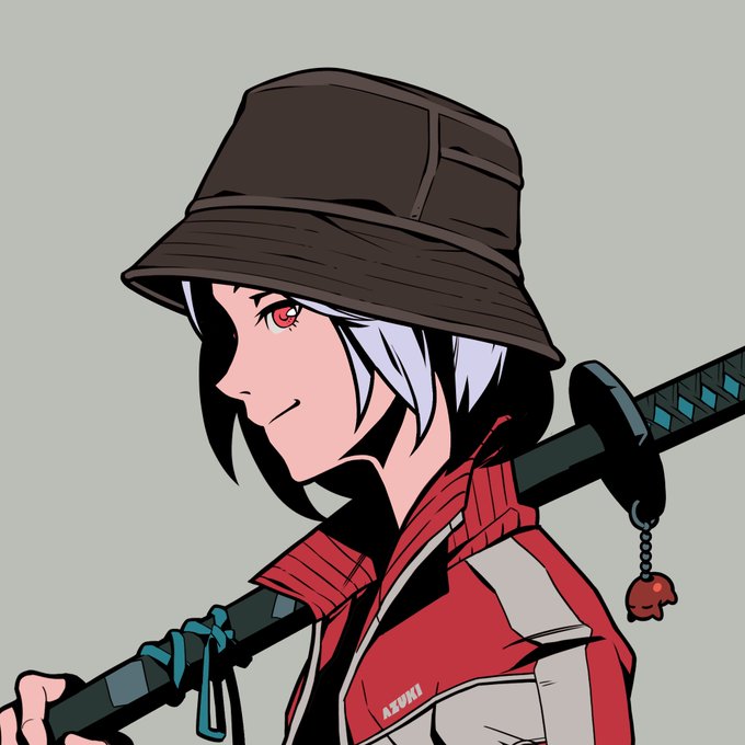An anime-style illustration of a character with short black and white hair, wearing a dark bucket hat and a red and white jacket, carrying a katana with a small red octopus keychain attached to the handle.