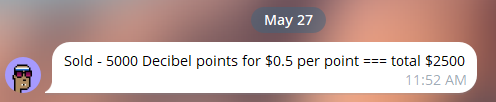The image shows a screenshot of an old post with a message that says "May 27 sold", followed by a description of 500 Decibel points for $0.5 per point, totaling $2250. The post also mentions a fund raiser with the goal of raising $50M to support environmental causes and protect the planet.
