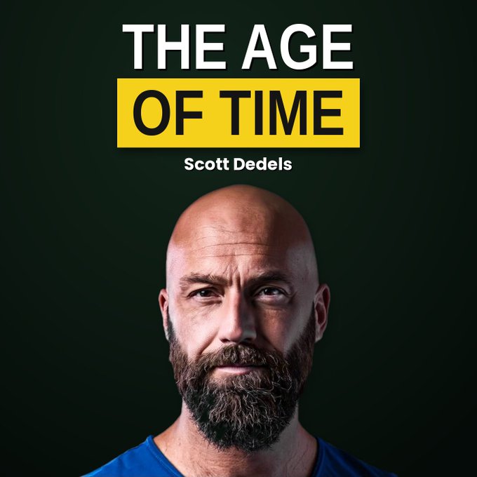 A podcast cover titled 'THE AGE OF TIME' by Scott Dedels, featuring a close-up portrait of a bald man with a beard against a dark background.