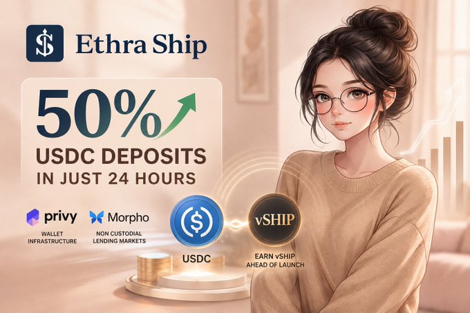 An anime-style promotional graphic for Ethra Ship featuring a bespectacled woman, advertising 50% USDC deposits in 24 hours with Privy wallet infrastructure, Morpho lending markets, and an opportunity to earn vSHIP ahead of launch.