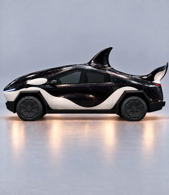 A futuristic vehicle designed to look like a killer whale, featuring black and white coloring with a fin on top and tail fins at the back.