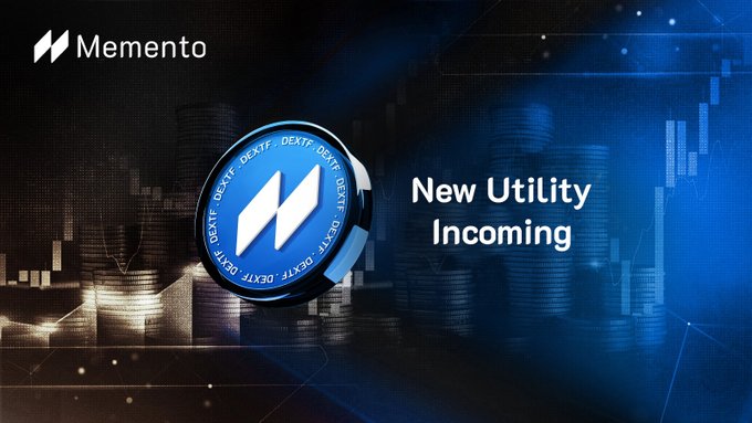 The promotional graphic features the "Memento" logo in the top-left corner alongside a 3D blue coin emblazoned with "DEXTF" around its edge and a stylized "M" emblem in the center, accompanied by the text "New Utility Incoming" against a dark blue cityscape background. The image visually supports the post's announcement of upcoming institutional-grade utility for the $DEXTF token under the Memento project.