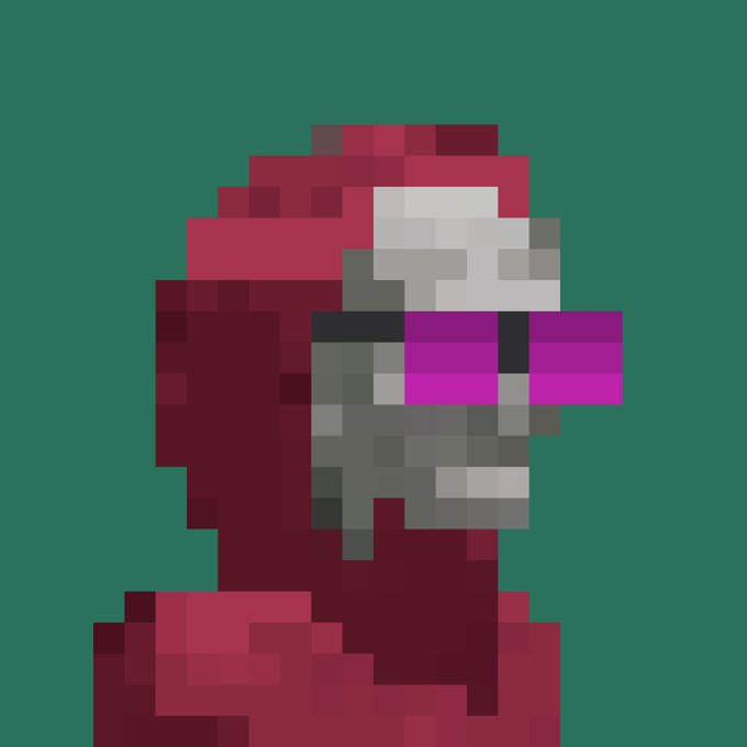 A pixel art character wearing a dark red hooded robe and metallic grey helmet with a glowing magenta visor, set against a solid green background.