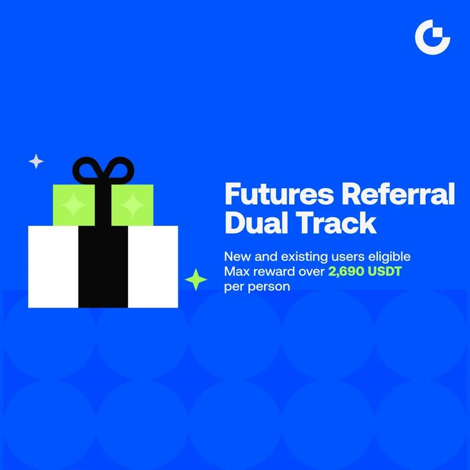 In the given image, there is a promotional advertisement for a platform called Futures Dual Track. The design features two gift boxes - one black and one green - with a small bow at the top of each box. The background of the poster displays a blue gradient that provides a vibrant backdrop for the advertisement. The main message of the post is to invite users to register for Futures Dual Track, highlighting its new and existing user-friendly interface for trading futures. In addition to gaining access to trade, users can also receive rewards in exchange, with the maximum reward capped at 2,690 US dollars.