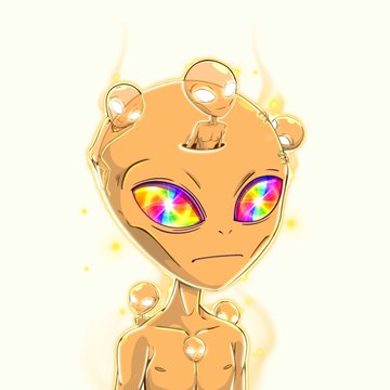 The image features a stylized, orange-skinned alien character with large, rainbow-colored eyes and smaller glowing heads emerging from its head and body, visually representing the "Orange Spirit" referenced in the accompanying text.