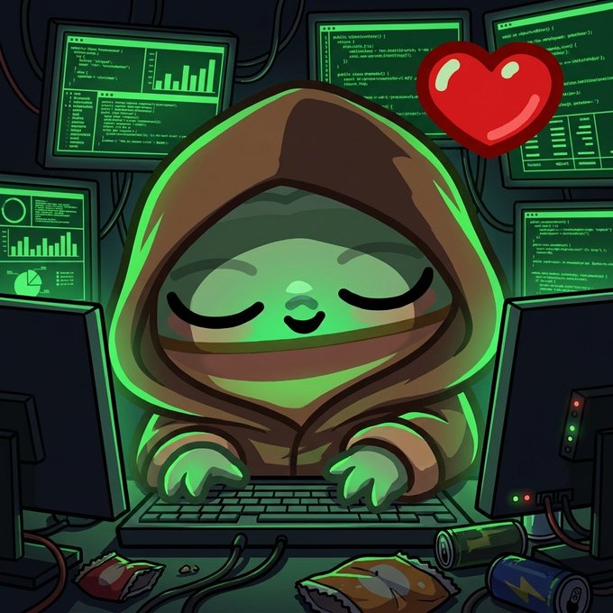 A cute, hooded "crypto monk" character types intensely at a keyboard surrounded by glowing monitors filled with code and charts, with a red heart emoji floating nearby. The image embodies the "grind now, lambo later" meme, depicting the exhausting, passion-fueled hustle of a programmer or trader chasing future crypto wealth.