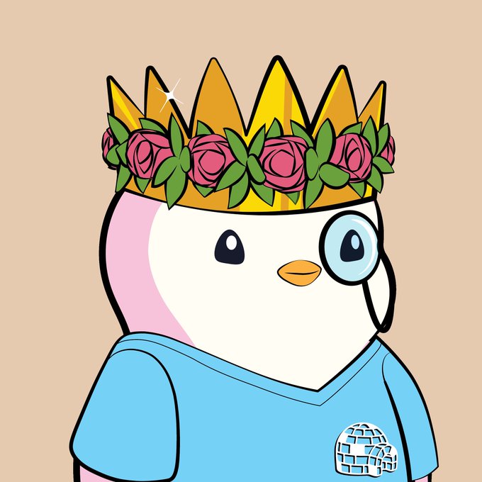 A cartoon Pudgy Penguin character wearing a golden crown adorned with pink roses and a blue shirt featuring a pixelated logo, illustrating the post announcing the purchase of Pudgy Penguin #1606 for 12.800 ETH.