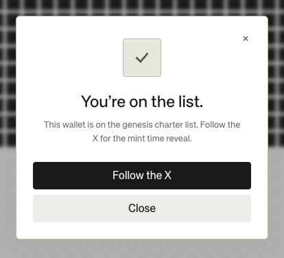 A confirmation modal displays "You're on the list" with text noting "This wallet is on the genesis charter list. Follow the X for the mint time reveal," alongside "Follow the X" and "Close" buttons, indicating the user has successfully registered for an upcoming September 14th DeFi mint event.