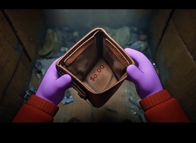 A 3D animated scene showing purple-gloved hands holding an empty brown wallet displaying '$0.00' inside what appears to be a trash bin.