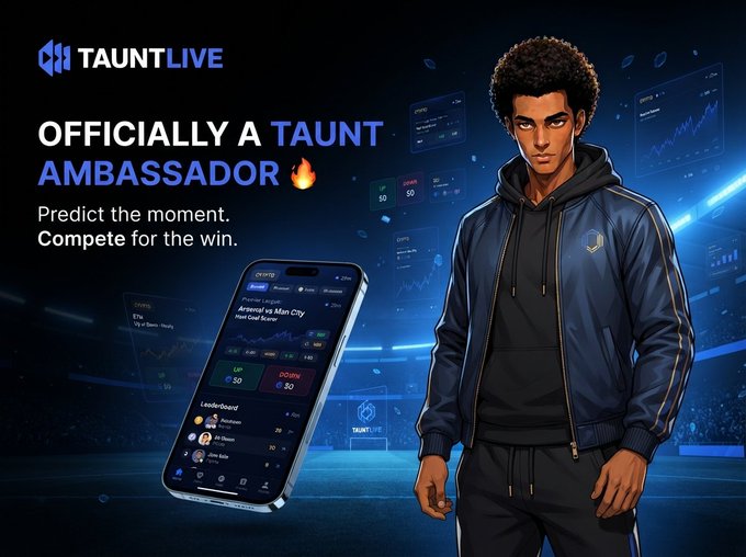 An advertisement for TauntLive featuring a stylized character in a blue jacket alongside a smartphone showing an Arsenal vs Man City prediction interface, with the text "OFFICIALLY A TAUNT AMBASSADOR" and "Predict the moment. Compete for the win."