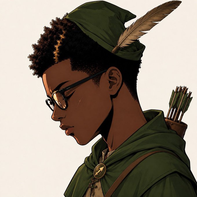A digital illustration in profile of a young person with curly hair and glasses, wearing a green hat with a feather and a green cloak, carrying a quiver of arrows.