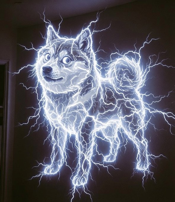 A Shiba Inu dog appears to be made entirely of crackling electric lightning bolts, with bright energy radiating from its body against a dark wall. The image fits the "Zappytime" caption perfectly, as the dog literally seems electrified and zapping with power.