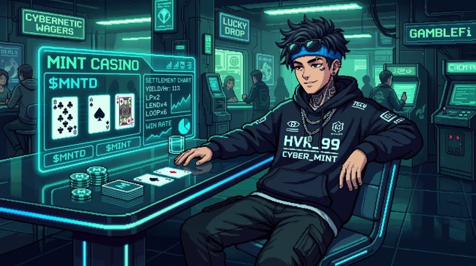 An illustrated cyberpunk scene shows a male character wearing a hoodie labeled 'HVR_99 CYBER_MINT' sitting at a neon-lit 'MINT CASINO' table with a slot machine and cards.