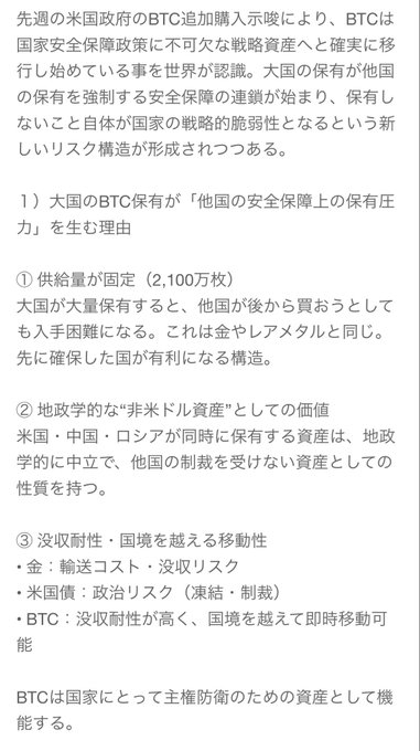The image is a Japanese-language analytical post explaining how BTC is becoming a national security asset, noting its fixed supply of 21 million coins, its geopolitical neutrality as a "non-aligned asset" held by the U.S., China, and Russia, and its superior confiscation resistance and cross-border mobility compared to gold and U.S. Treasuries. The content directly supports the accompanying post's thesis about BTC's strategic shift into sovereign reserve holdings.