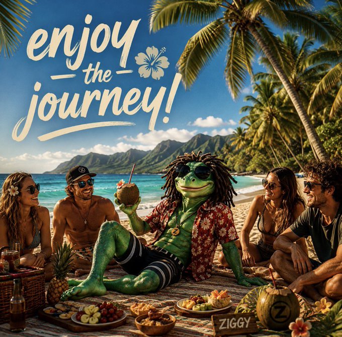 An illustrated tropical scene featuring the text 'enjoy the journey!' alongside a green frog character named 'Ziggy' having a beach picnic with friends.