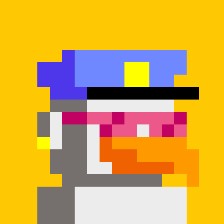 Pixel art portrait of a character with blue hair, black visor, and orange beak/mouth on a yellow background.