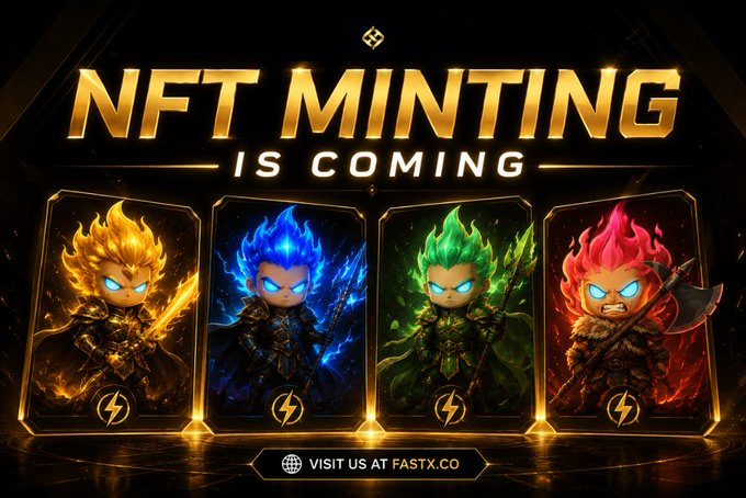 A promotional banner reading 'NFT MINTING IS COMING' showing four chibi-style elemental warrior characters (flame, ice, earth, fire) with lightning emblems, advertising FASTX.CO.