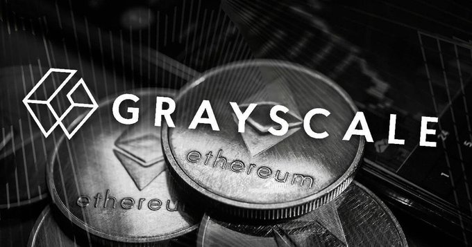 Black and white photo of stacked physical Ethereum coins overlaid with the Grayscale logo and the word 'GRAYSCALE'.