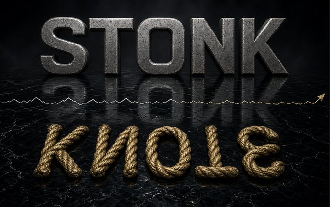 A graphic showing the word 'STONK' in metallic letters above a rising arrow, contrasted with 'KNOLS' spelled out in rope below.