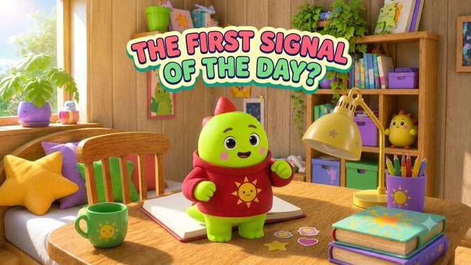 A 3D-rendered green cartoon character in a child's bedroom setting with the text 'THE FIRST SIGNAL OF THE DAY?' displayed above.