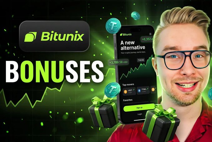 The image features a man standing next to an iPhone displaying its screen which shows an app named "bitunix" with a green icon and white text that reads "bonuses". Below this, there are gift boxes placed on top of one another in various colors. The background of the image appears to be black, creating a stark contrast against the objects present in the foreground. At the bottom of the post, it seems like there's some information related to a new cryptocurrency called Bitunix that offers $20,000+ sign-up bonus for users who use it.